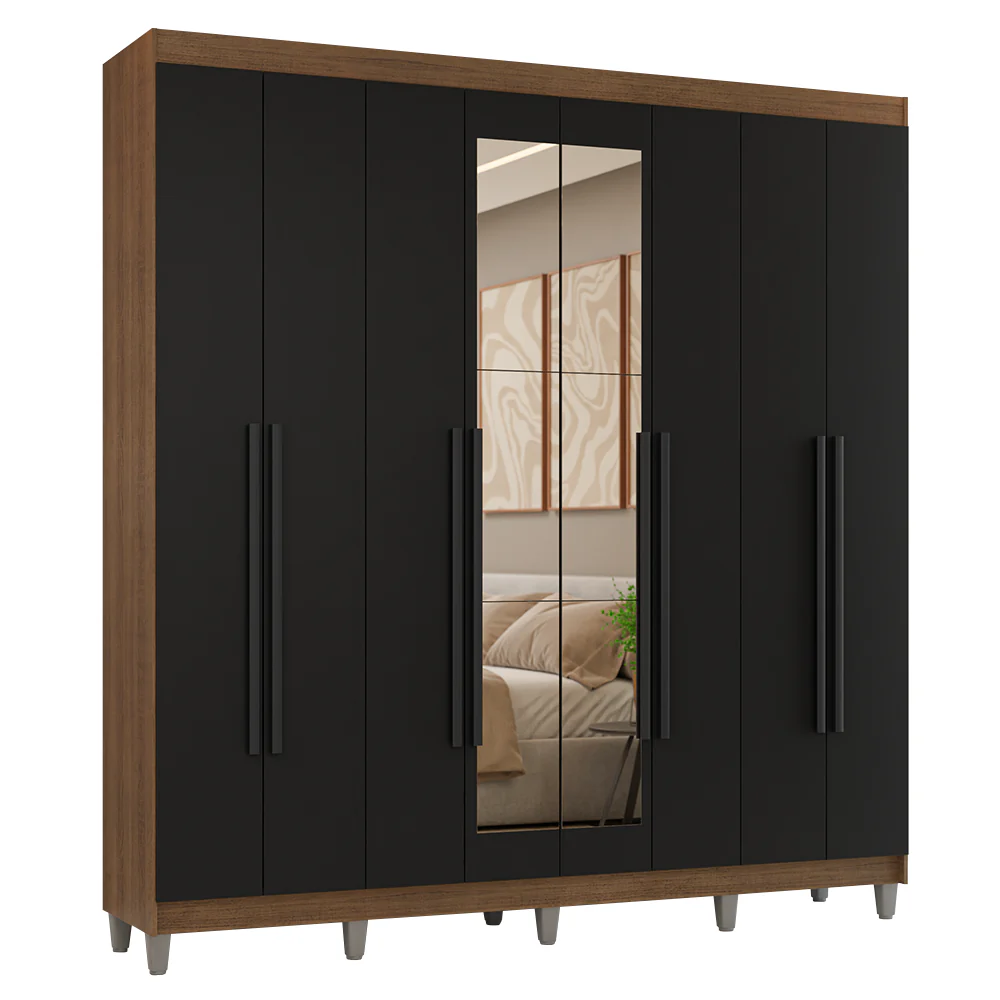 Guarda-Roupa Casal com Pés 8 Portas Batentes com Espelho Rustic/Preto/Preto Venus Madesa - Image 2
