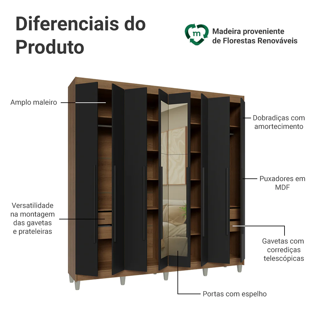 Guarda-Roupa Casal com Pés 8 Portas Batentes com Espelho Rustic/Preto/Preto Venus Madesa - Image 4