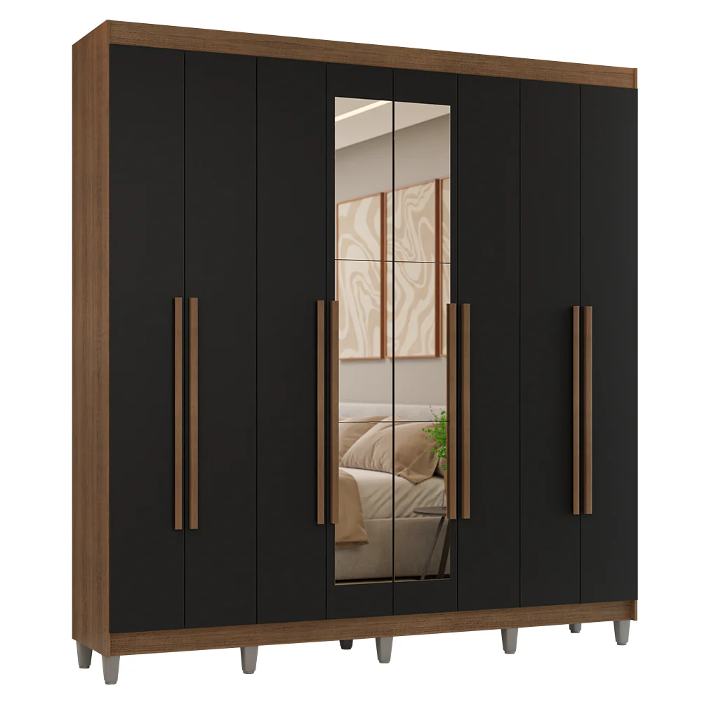 Guarda-Roupa Casal com Pés 8 Portas Batentes com Espelho Rustic/Preto/Rustic Venus Madesa - Image 2