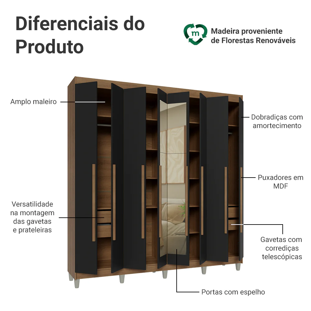 Guarda-Roupa Casal com Pés 8 Portas Batentes com Espelho Rustic/Preto/Rustic Venus Madesa - Image 4