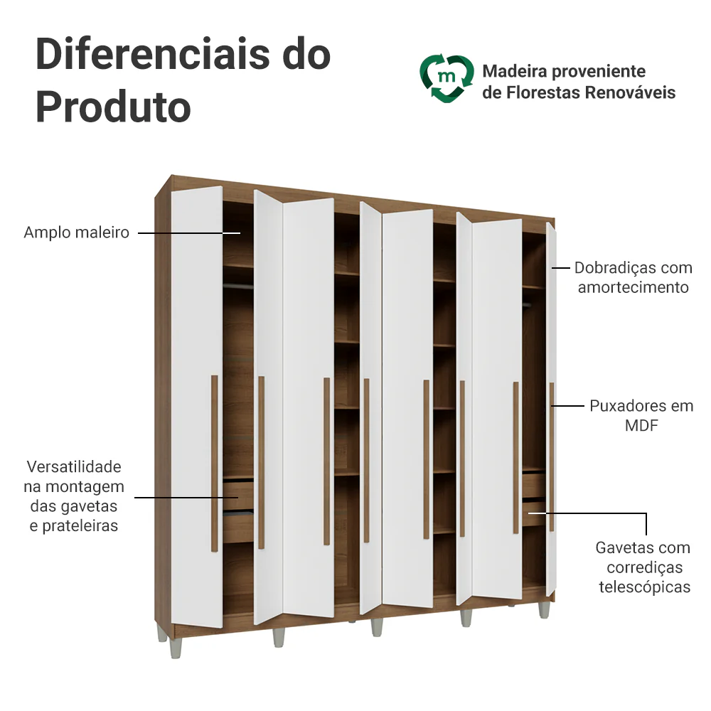 Guarda-Roupa Casal com Pés 8 Portas Batentes Rustic/Branco/Rustic Venus Madesa - Image 4