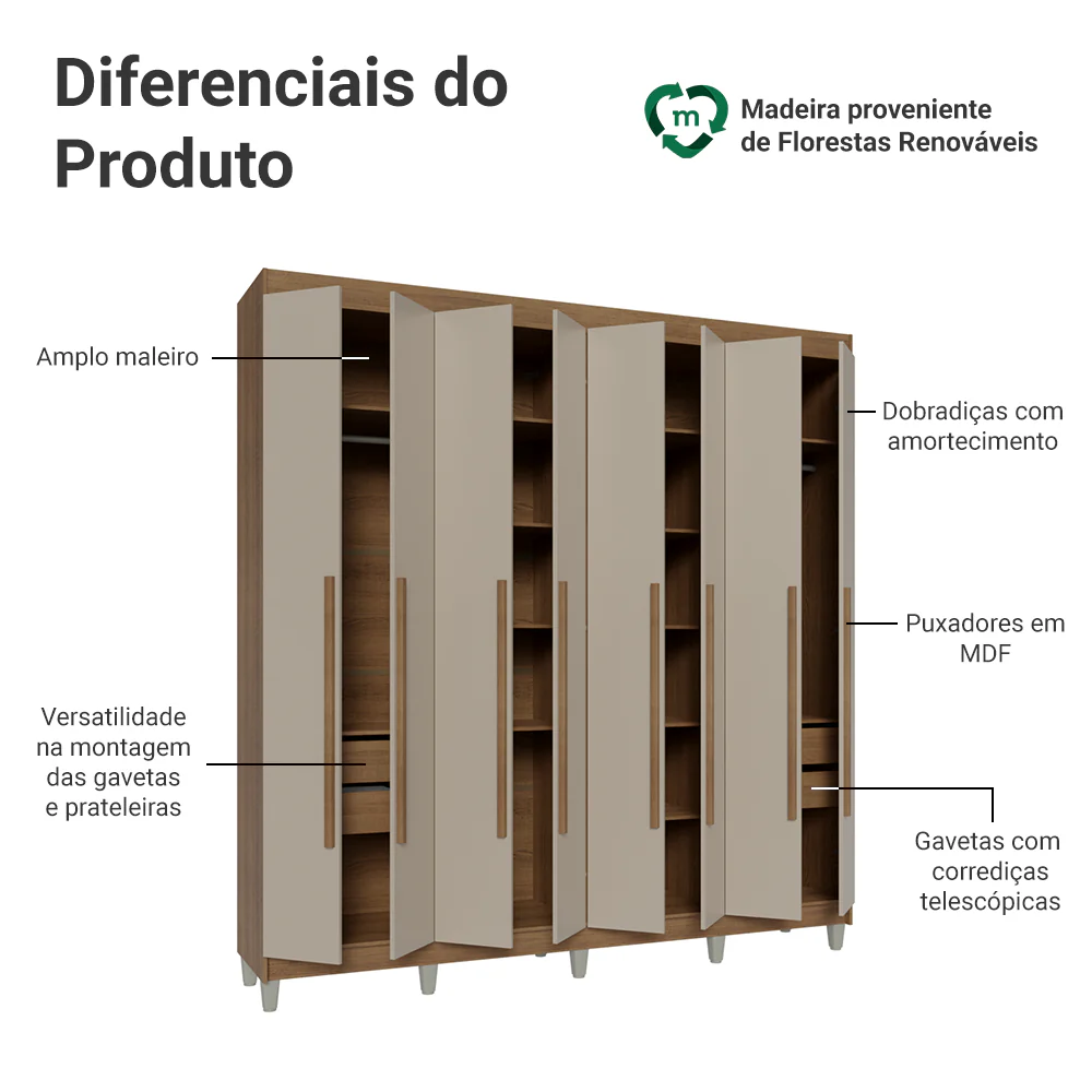 Guarda-Roupa Casal com Pés 8 Portas Batentes Rustic/Crema/Rustic Venus Madesa - Image 4