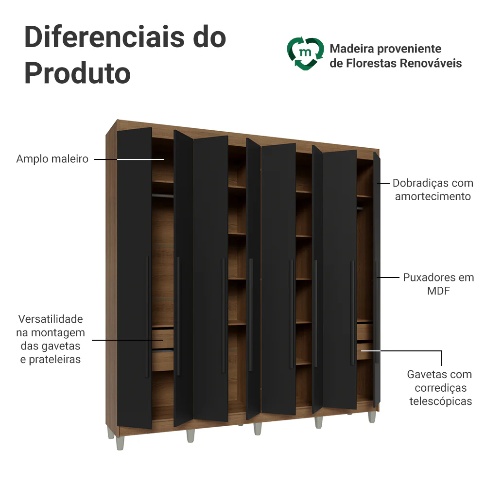 Guarda-Roupa Casal com Pés 8 Portas Batentes Rustic/Preto/Preto Venus Madesa - Image 4
