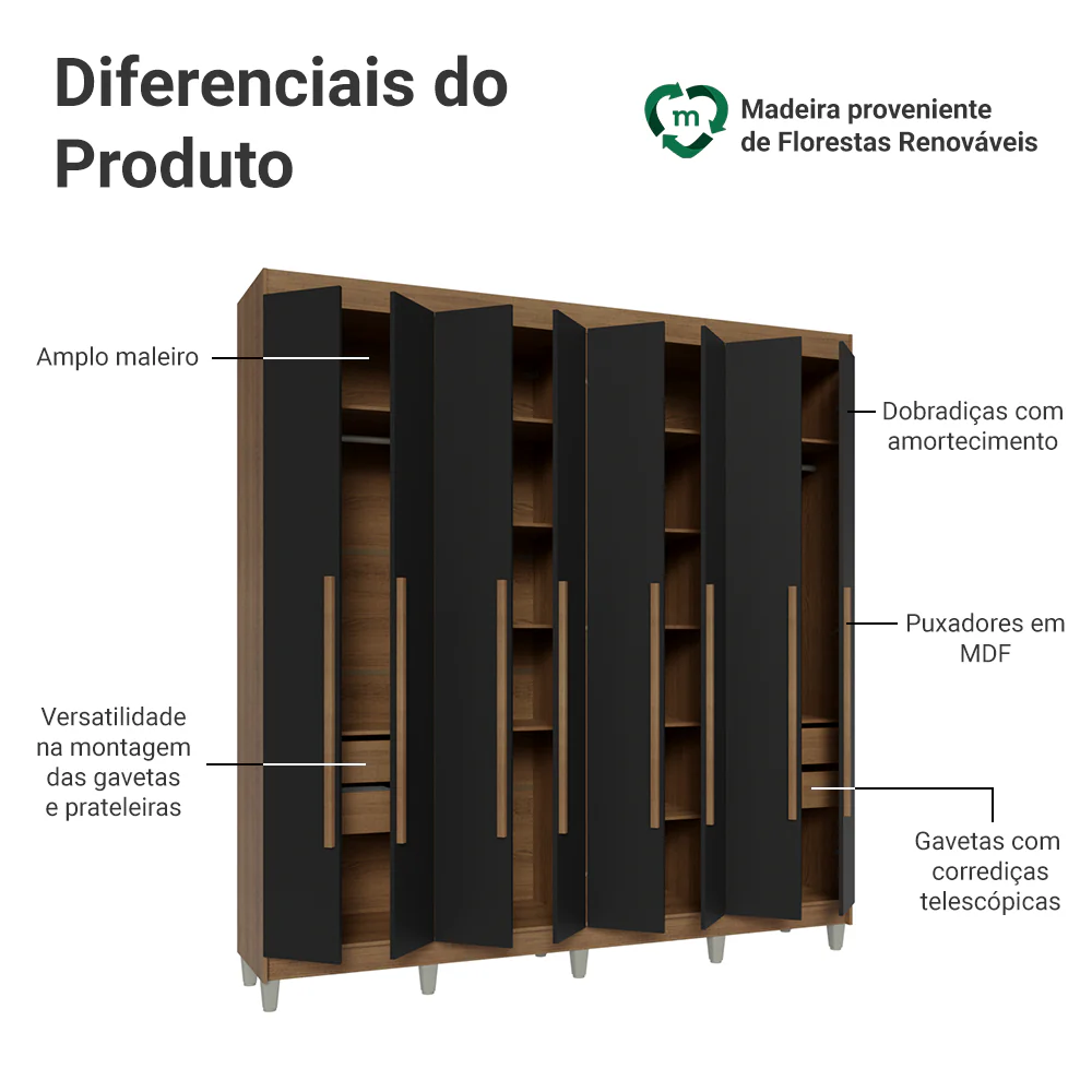 Guarda-Roupa Casal com Pés 8 Portas Batentes Rustic/Preto/Rustic Venus Madesa - Image 4