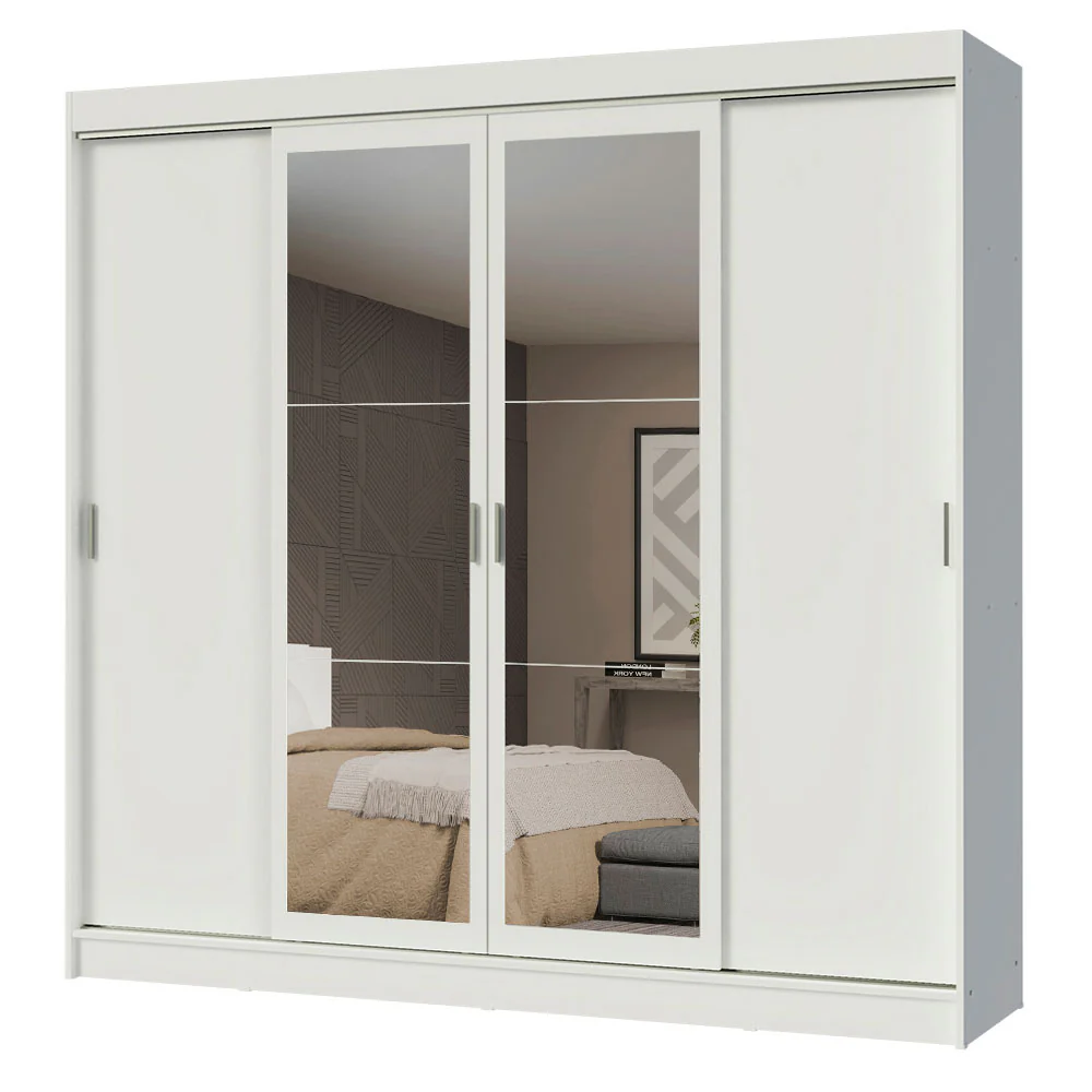 Guarda-Roupa Casal Madesa Austin 4 Portas de Correr com Espelhos 3 Gavetas Branco - Image 2