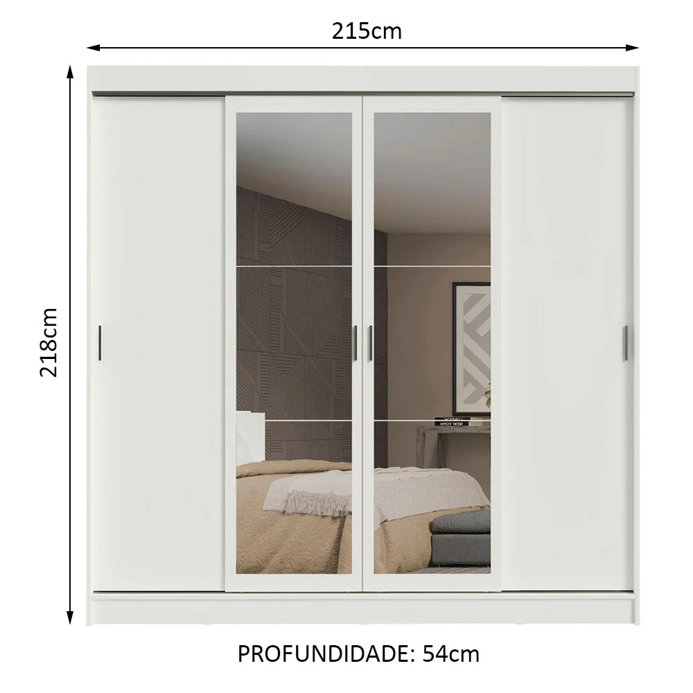Guarda-Roupa Casal Madesa Austin 4 Portas de Correr com Espelhos 3 Gavetas Branco - Image 3