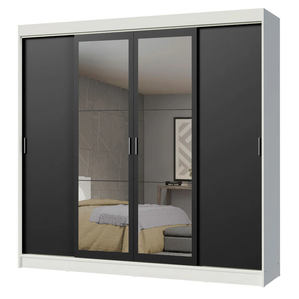Guarda-Roupa Casal Madesa Austin 4 Portas de Correr com Espelhos 3 Gavetas Branco/Preto - Image 2