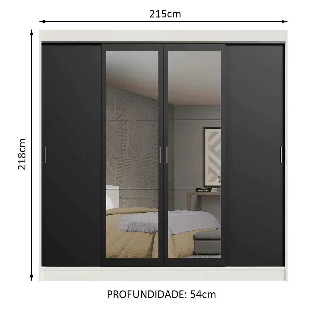 Guarda-Roupa Casal Madesa Austin 4 Portas de Correr com Espelhos 3 Gavetas Branco/Preto - Image 3