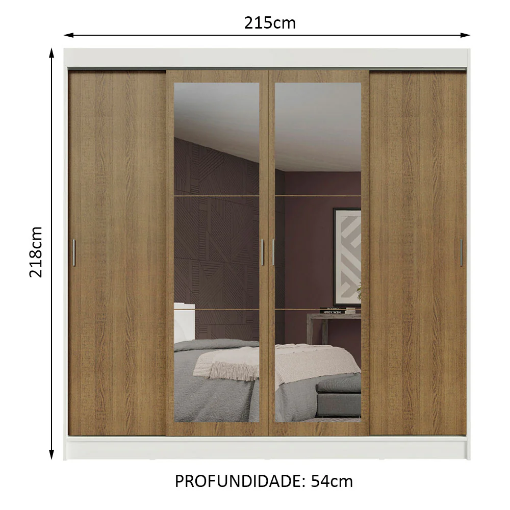 Guarda-Roupa Casal Madesa Austin 4 Portas de Correr com Espelhos 3 Gavetas Branco/Rustic - Image 3