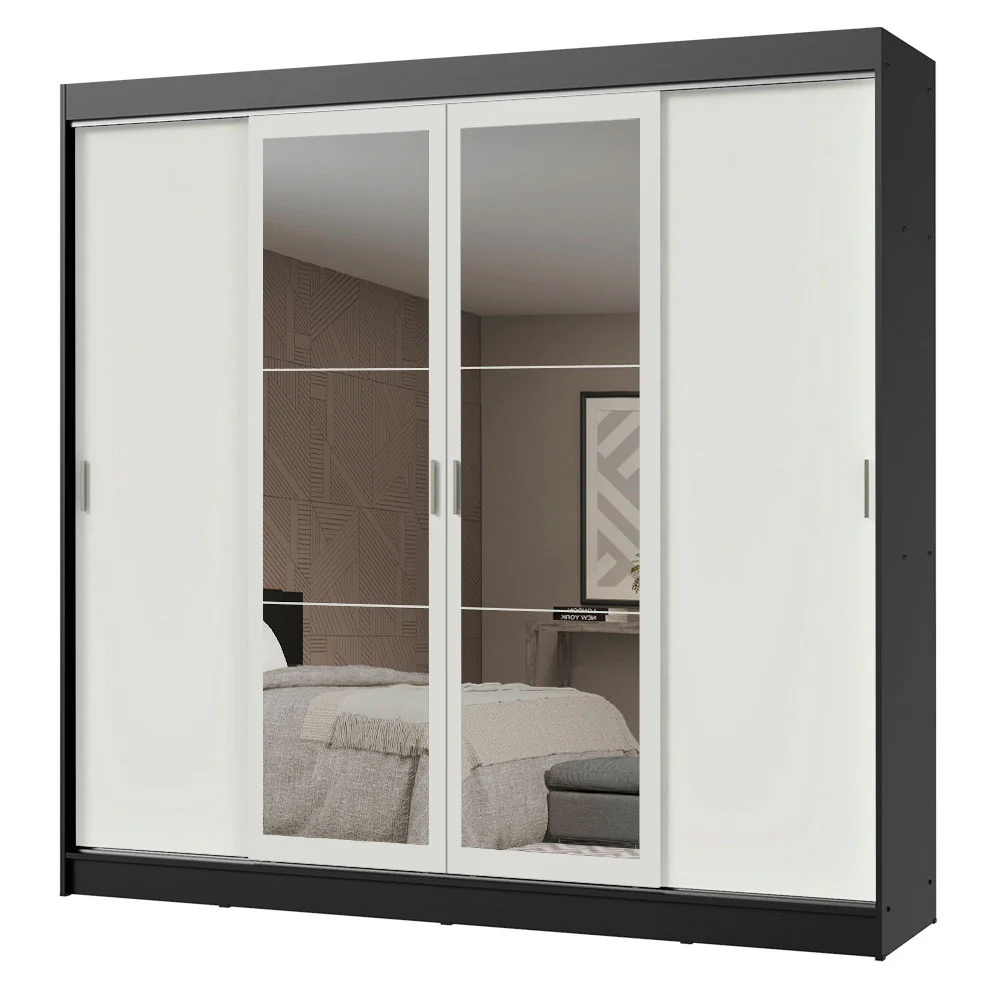 Guarda-Roupa Casal Madesa Austin 4 Portas de Correr com Espelhos 3 Gavetas Preto/Branco - Image 2
