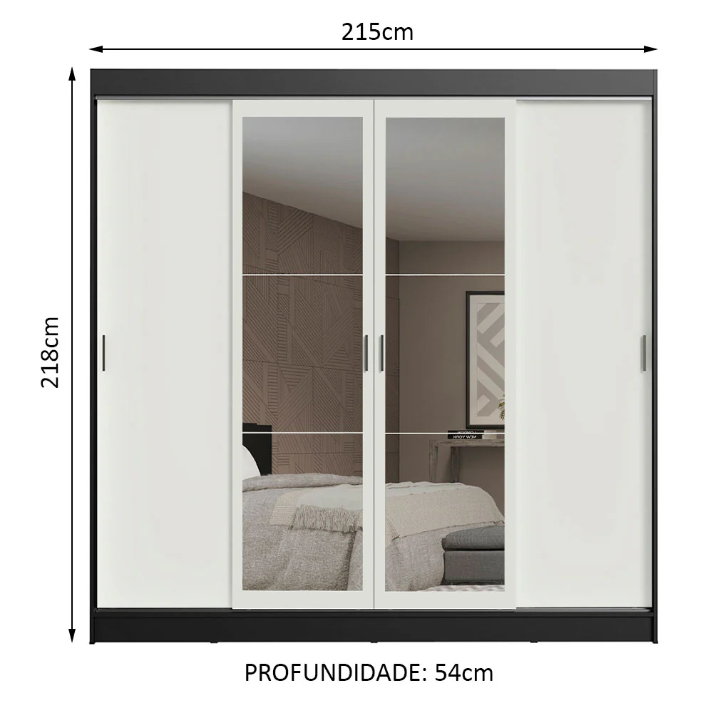 Guarda-Roupa Casal Madesa Austin 4 Portas de Correr com Espelhos 3 Gavetas Preto/Branco - Image 3