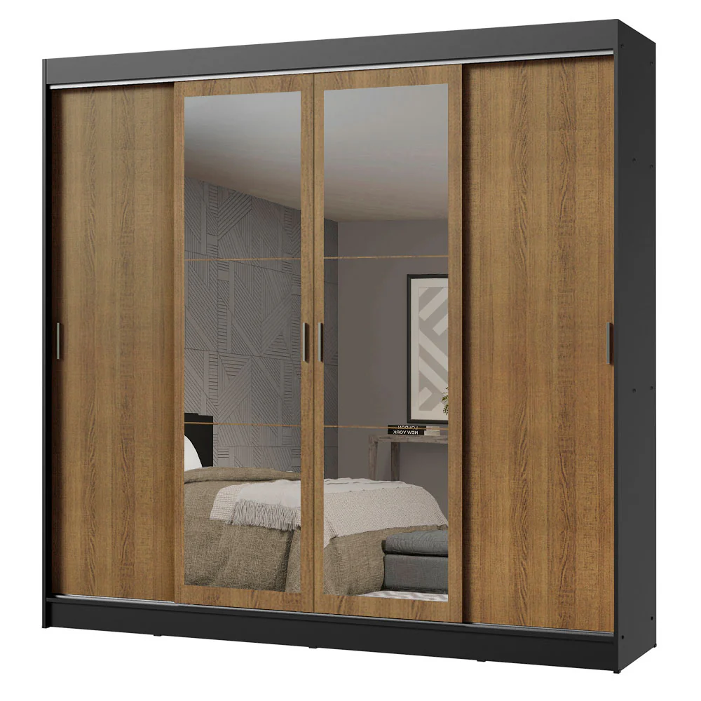 Guarda-Roupa Casal Madesa Austin 4 Portas de Correr com Espelhos 3 Gavetas Preto/Rustic - Image 2