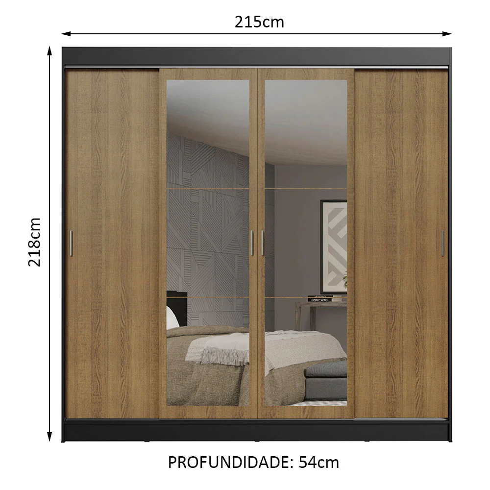 Guarda-Roupa Casal Madesa Austin 4 Portas de Correr com Espelhos 3 Gavetas Preto/Rustic - Image 3