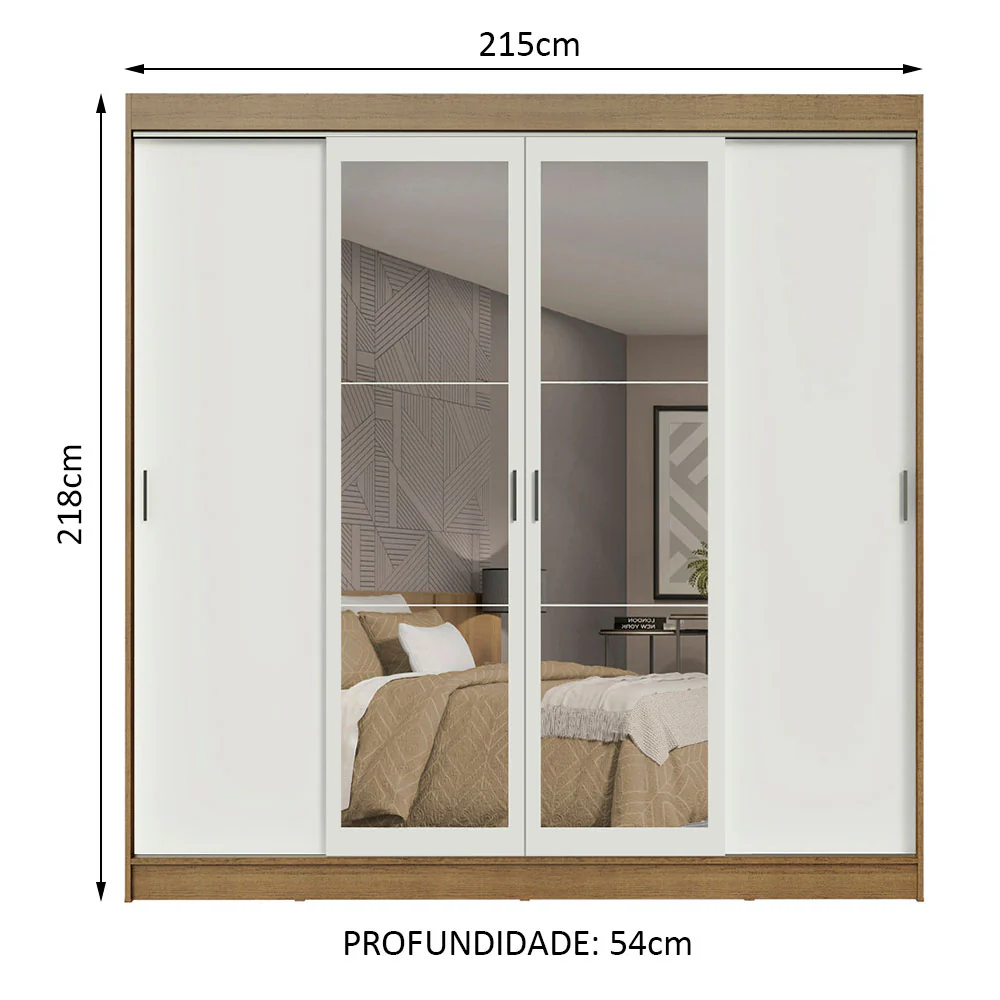 Guarda-Roupa Casal Madesa Austin 4 Portas de Correr com Espelhos 3 Gavetas Rustic/Branco - Image 3