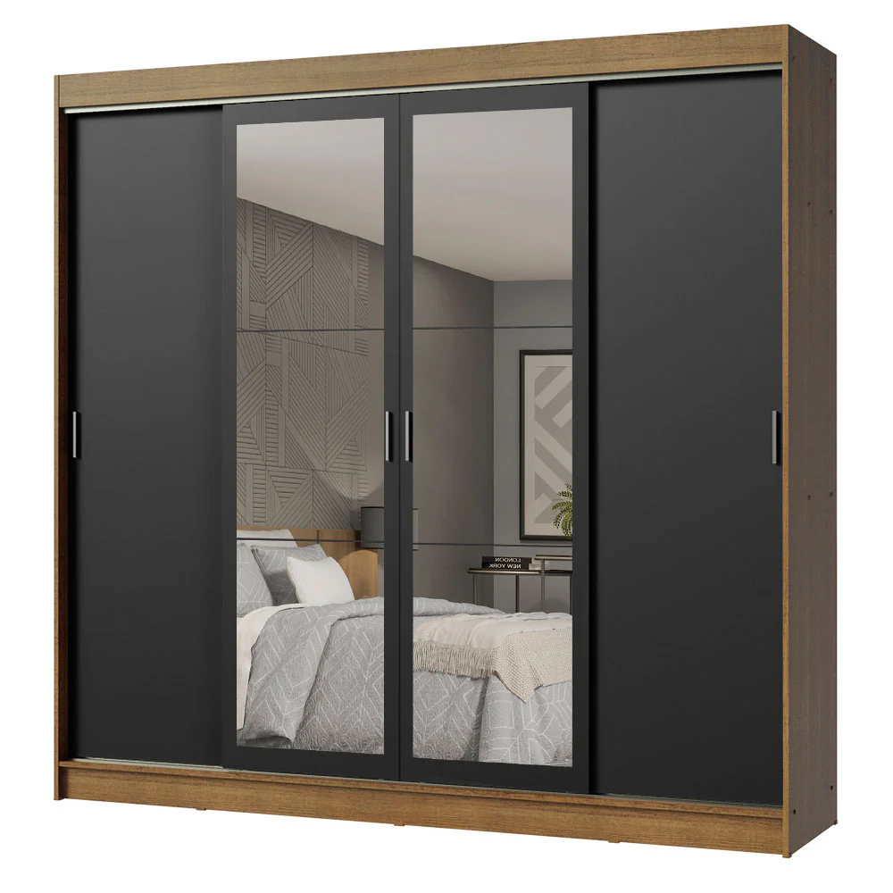 Guarda-Roupa Casal Madesa Austin 4 Portas de Correr com Espelhos 3 Gavetas Rustic/Preto - Image 2