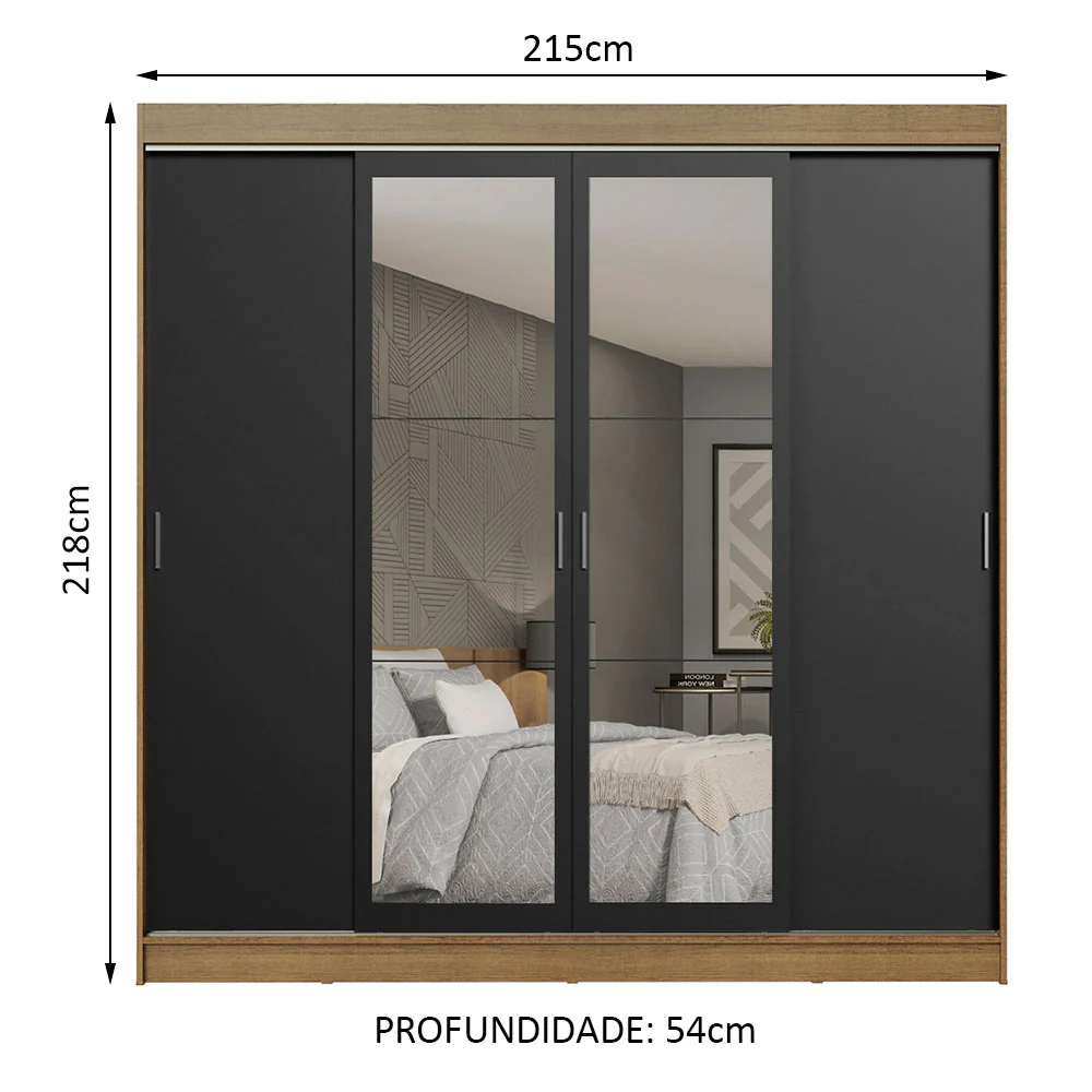 Guarda-Roupa Casal Madesa Austin 4 Portas de Correr com Espelhos 3 Gavetas Rustic/Preto - Image 3