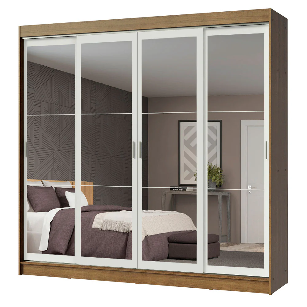 Guarda-Roupa Casal Madesa Austin 4 Portas de Correr de Espelho 3 Gavetas Rustic/Branco - Image 2