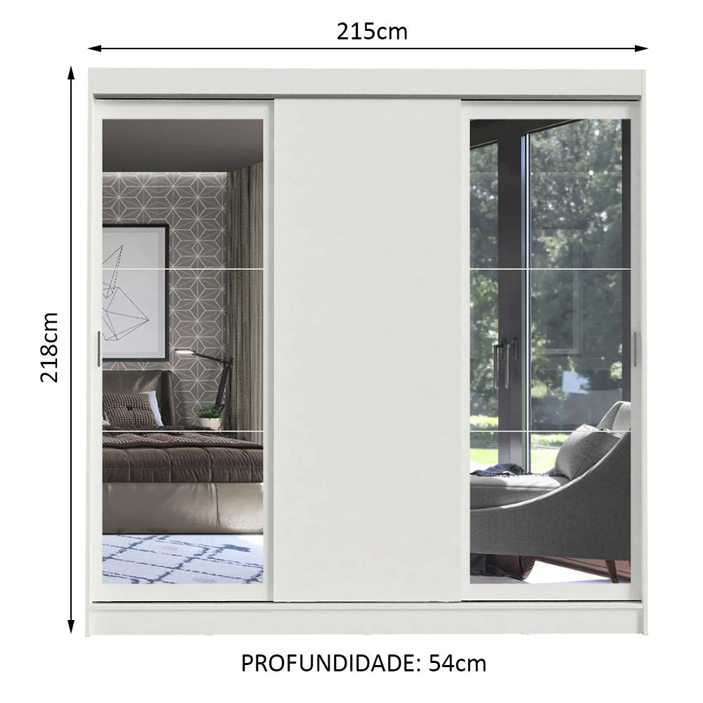 Guarda-Roupa Casal Madesa Istambul 3 Portas de Correr com Espelhos 3 Gavetas Branco - Image 3