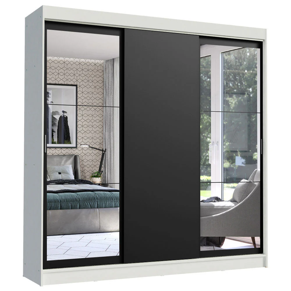 Guarda-Roupa Casal Madesa Istambul 3 Portas de Correr com Espelhos 3 Gavetas Branco/Preto - Image 2