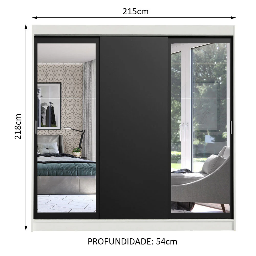 Guarda-Roupa Casal Madesa Istambul 3 Portas de Correr com Espelhos 3 Gavetas Branco/Preto - Image 3