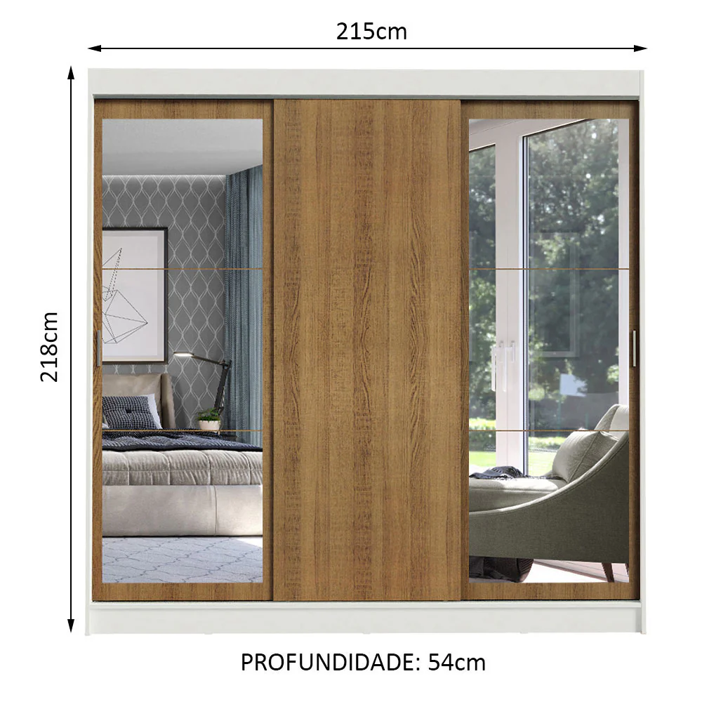 Guarda-Roupa Casal Madesa Istambul 3 Portas de Correr com Espelhos 3 Gavetas Branco/Rustic - Image 3