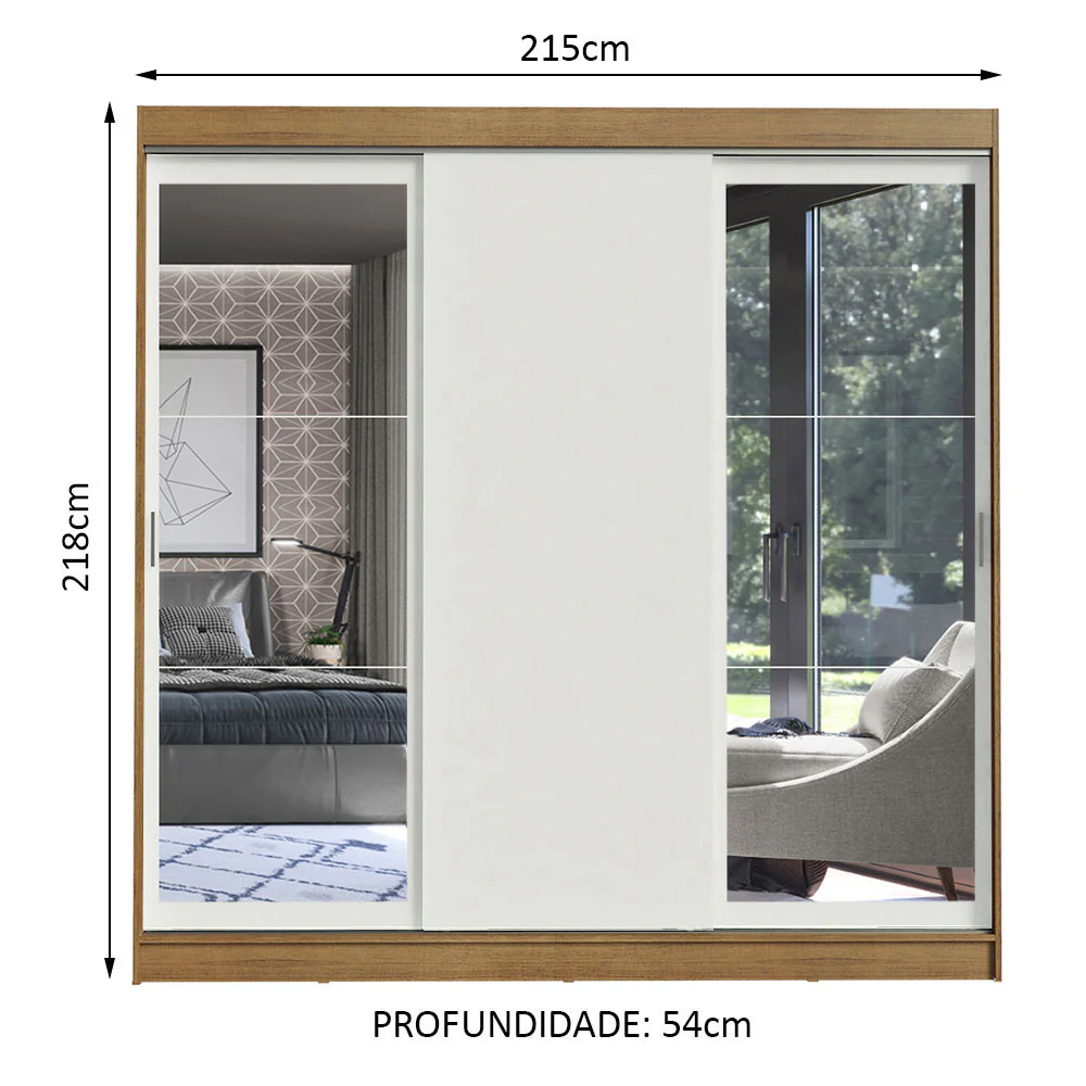 Guarda-Roupa Casal Madesa Istambul 3 Portas de Correr com Espelhos 3 Gavetas Rustic/Branco - Image 3