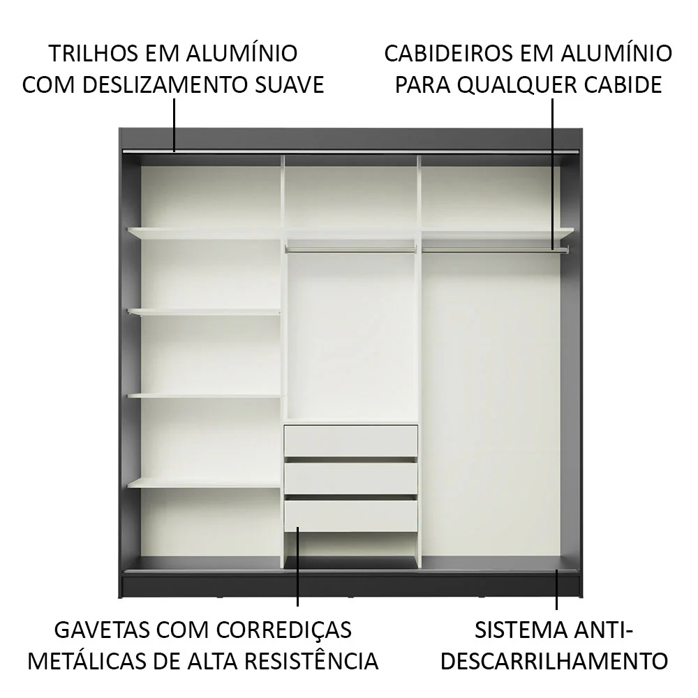 Guarda-Roupa Casal Madesa Kansas 3 Portas de Correr 3 Gavetas Preto - Image 5