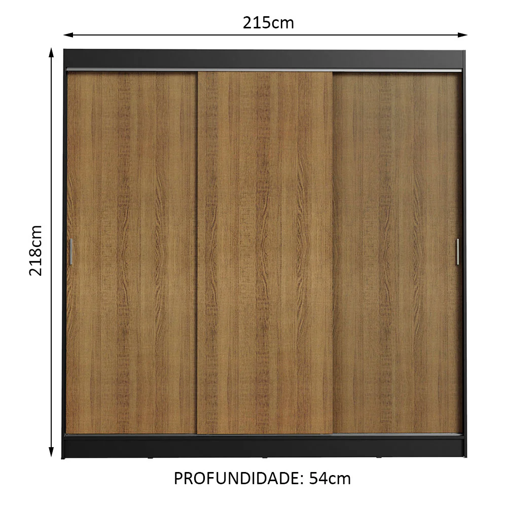 Guarda-Roupa Casal Madesa Kansas 3 Portas de Correr 3 Gavetas Preto/Rustic - Image 3