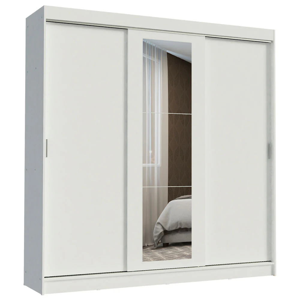Guarda-Roupa Casal Madesa Kansas 3 Portas de Correr com Espelho 3 Gavetas Branco - Image 2