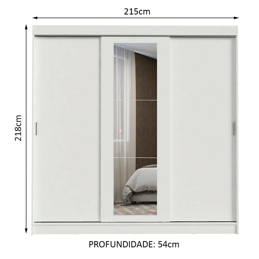 Guarda-Roupa Casal Madesa Kansas 3 Portas de Correr com Espelho 3 Gavetas Branco - Image 3