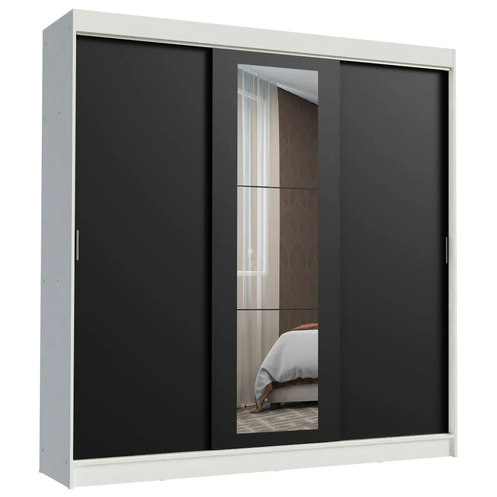 Guarda-Roupa Casal Madesa Kansas 3 Portas de Correr com Espelho 3 Gavetas Branco/Preto - Image 2