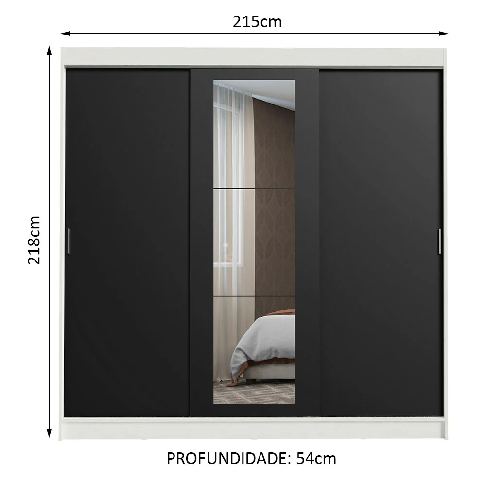 Guarda-Roupa Casal Madesa Kansas 3 Portas de Correr com Espelho 3 Gavetas Branco/Preto - Image 3
