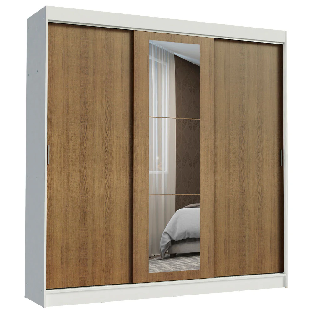 Guarda-Roupa Casal Madesa Kansas 3 Portas de Correr com Espelho 3 Gavetas Branco/Rustic - Image 2