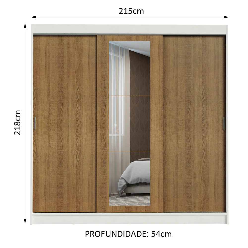 Guarda-Roupa Casal Madesa Kansas 3 Portas de Correr com Espelho 3 Gavetas Branco/Rustic - Image 3