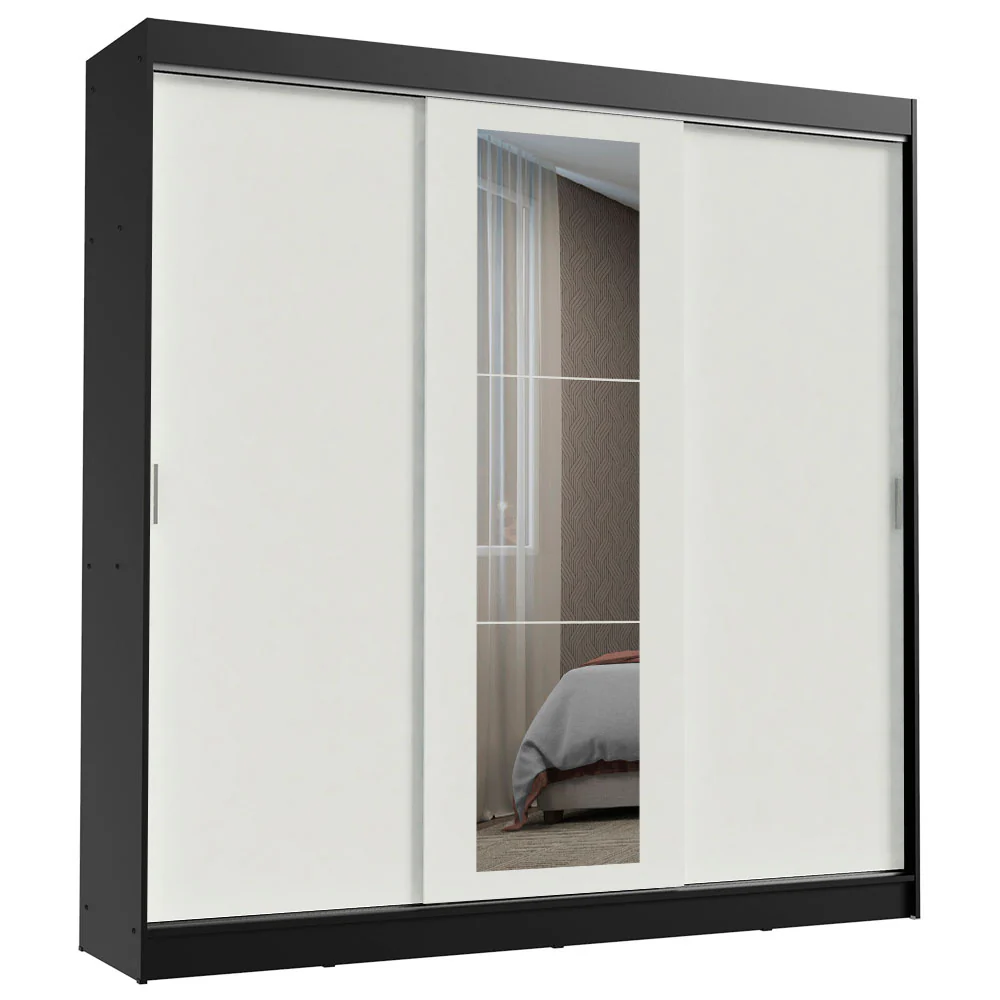 Guarda-Roupa Casal Madesa Kansas 3 Portas de Correr com Espelho 3 Gavetas Preto/Branco - Image 2