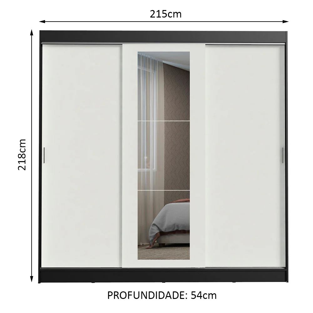 Guarda-Roupa Casal Madesa Kansas 3 Portas de Correr com Espelho 3 Gavetas Preto/Branco - Image 3