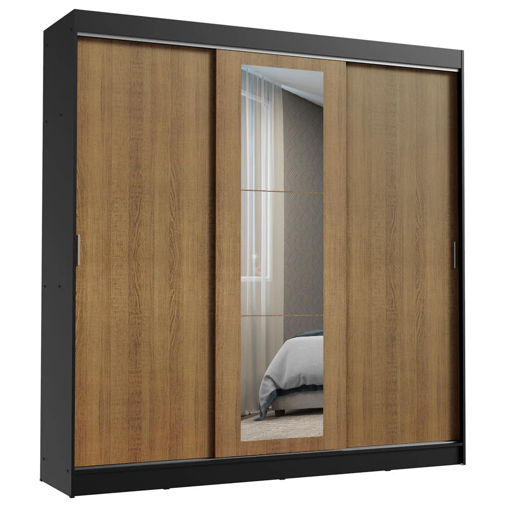 Guarda-Roupa Casal Madesa Kansas 3 Portas de Correr com Espelho 3 Gavetas Preto/Rustic - Image 2