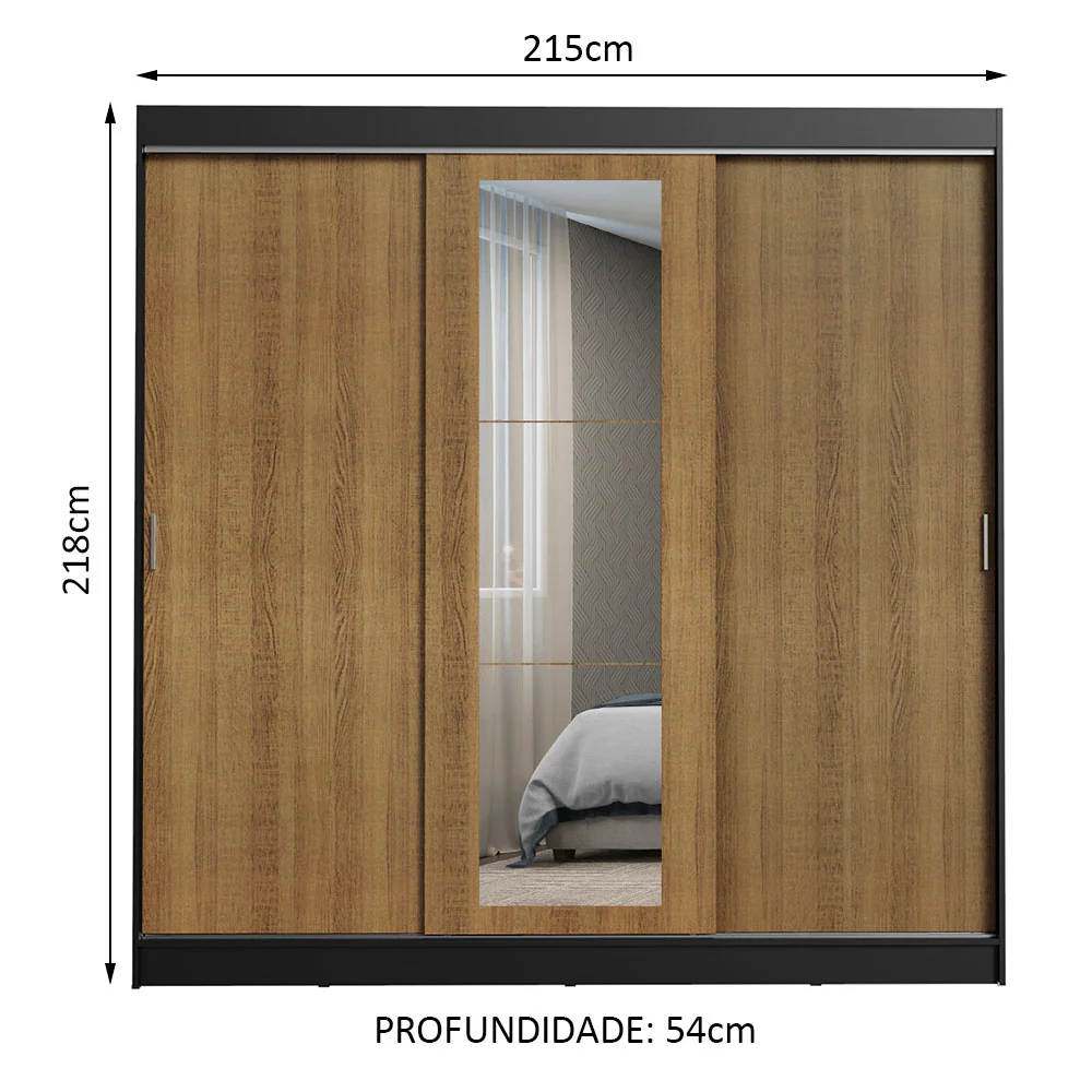 Guarda-Roupa Casal Madesa Kansas 3 Portas de Correr com Espelho 3 Gavetas Preto/Rustic - Image 3