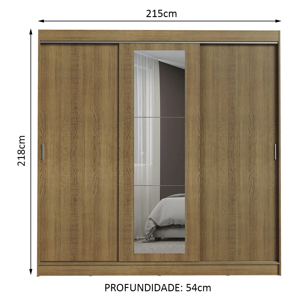 Guarda-Roupa Casal Madesa Kansas 3 Portas de Correr com Espelho 3 Gavetas Rustic - Image 3