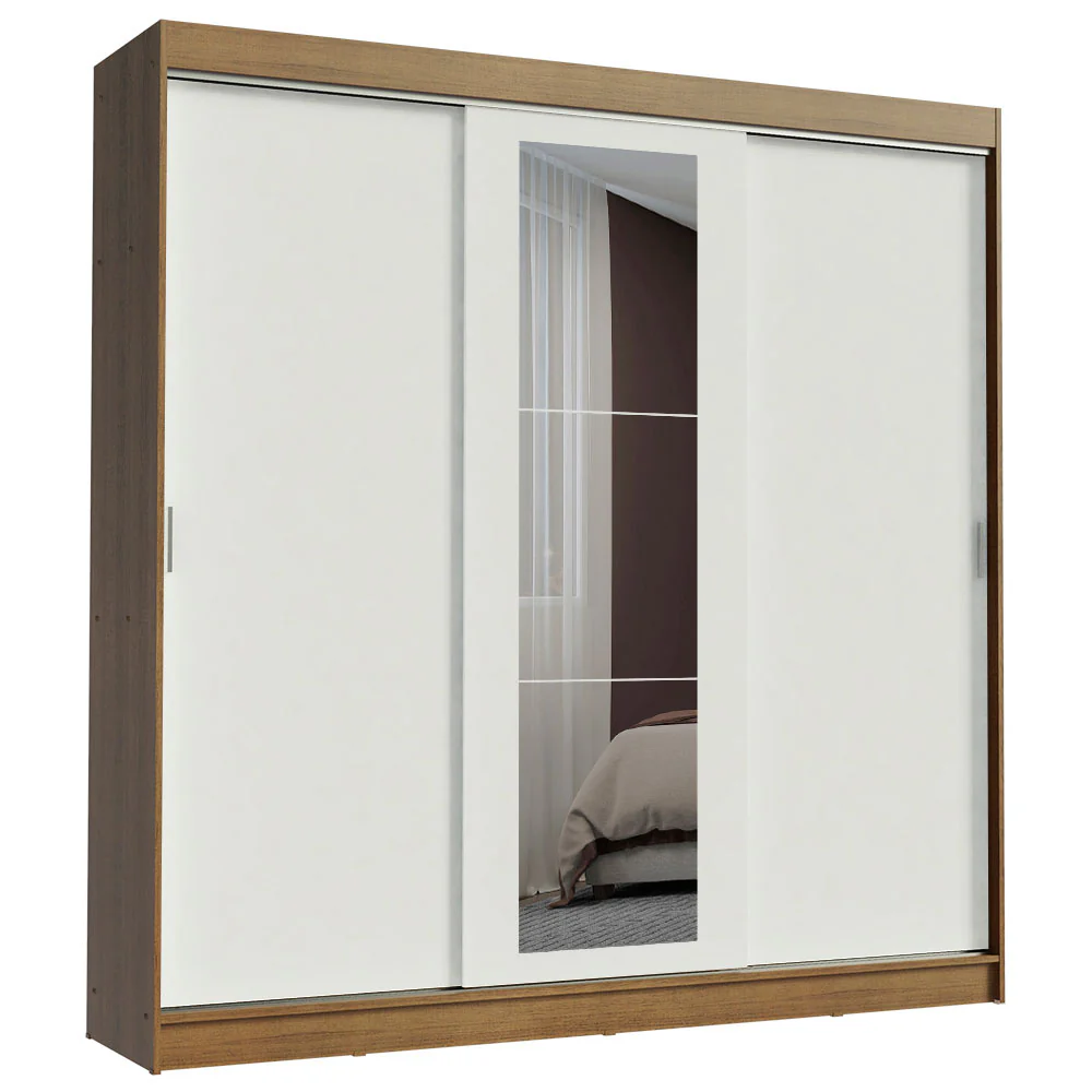 Guarda-Roupa Casal Madesa Kansas 3 Portas de Correr com Espelho 3 Gavetas Rustic/Branco - Image 2