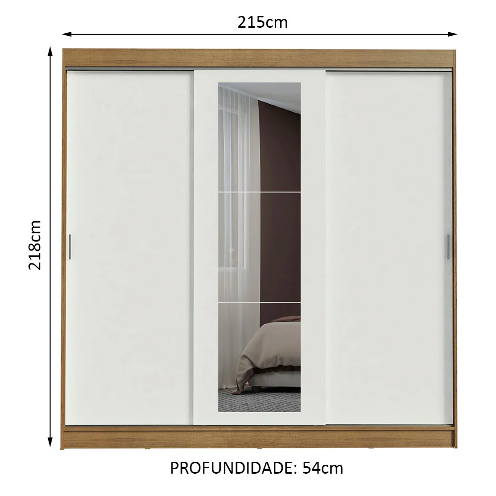 Guarda-Roupa Casal Madesa Kansas 3 Portas de Correr com Espelho 3 Gavetas Rustic/Branco - Image 3