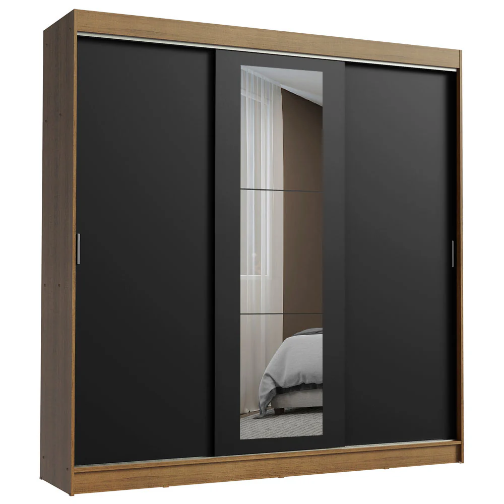 Guarda-Roupa Casal Madesa Kansas 3 Portas de Correr com Espelho 3 Gavetas Rustic/Preto - Image 2
