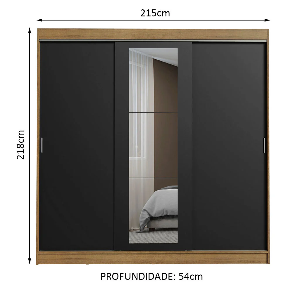 Guarda-Roupa Casal Madesa Kansas 3 Portas de Correr com Espelho 3 Gavetas Rustic/Preto - Image 3