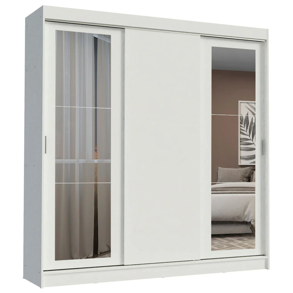 Guarda-Roupa Casal Madesa Kansas 3 Portas de Correr com Espelhos 3 Gavetas Branco - Image 2