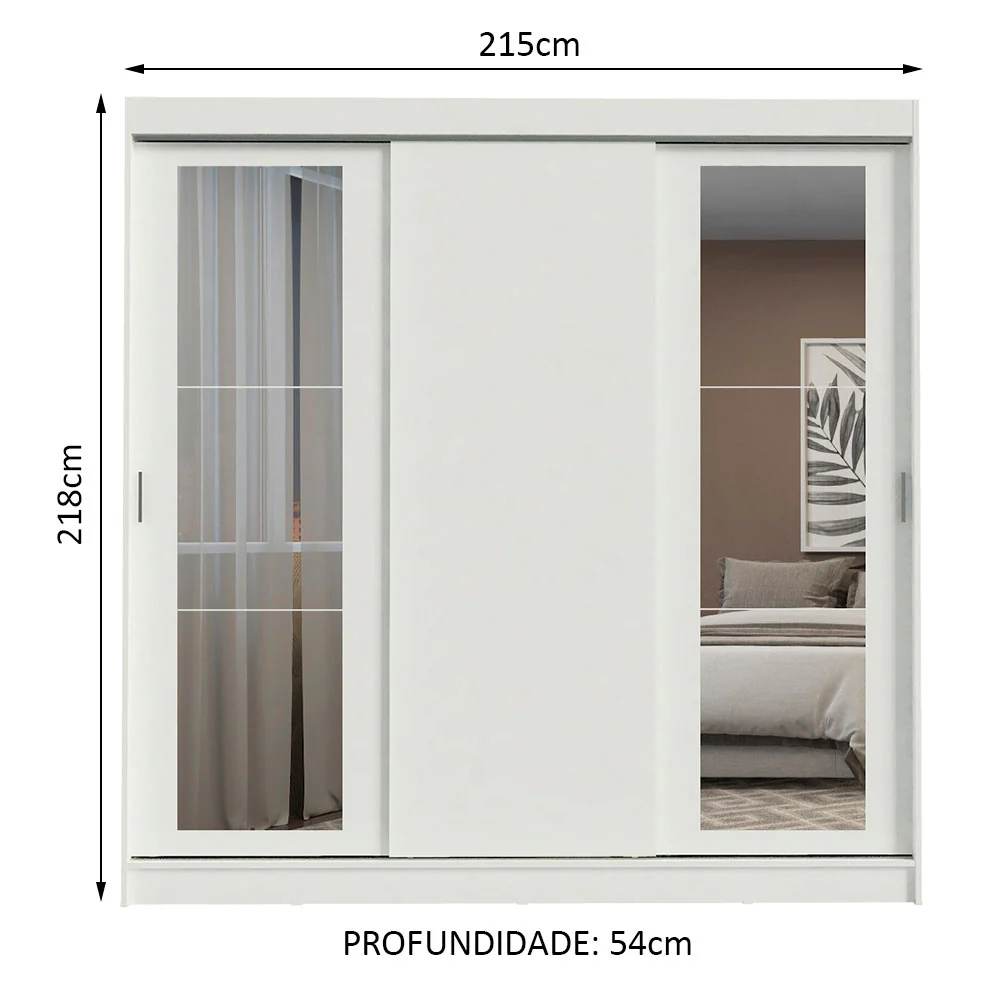 Guarda-Roupa Casal Madesa Kansas 3 Portas de Correr com Espelhos 3 Gavetas Branco - Image 3