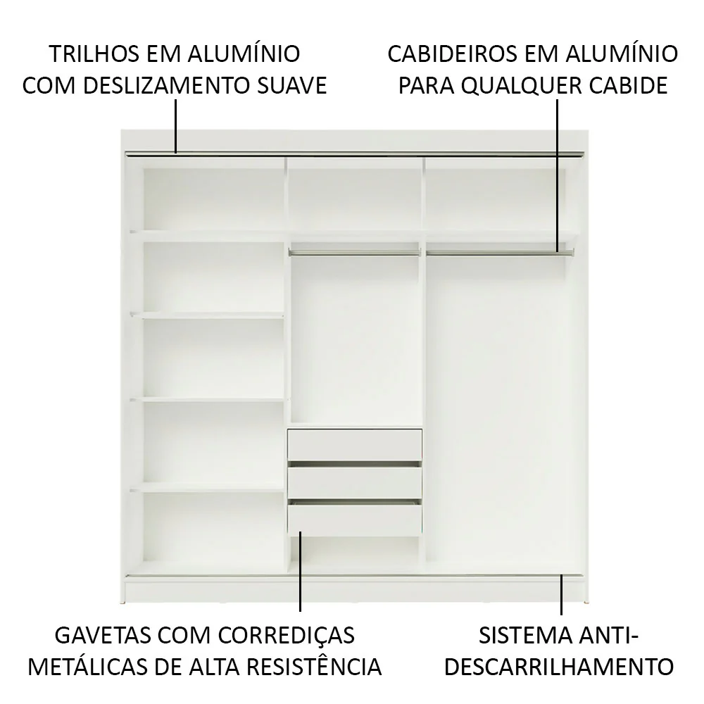 Guarda-Roupa Casal Madesa Kansas 3 Portas de Correr com Espelhos 3 Gavetas Branco - Image 5