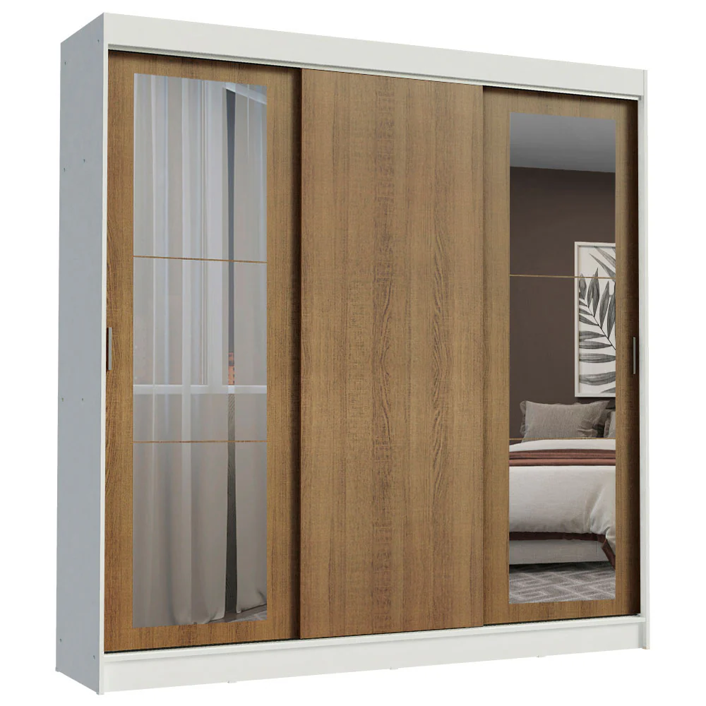 Guarda-Roupa Casal Madesa Kansas 3 Portas de Correr com Espelhos 3 Gavetas Branco/Rustic - Image 2