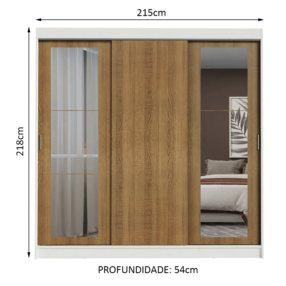 Guarda-Roupa Casal Madesa Kansas 3 Portas de Correr com Espelhos 3 Gavetas Branco/Rustic - Image 3