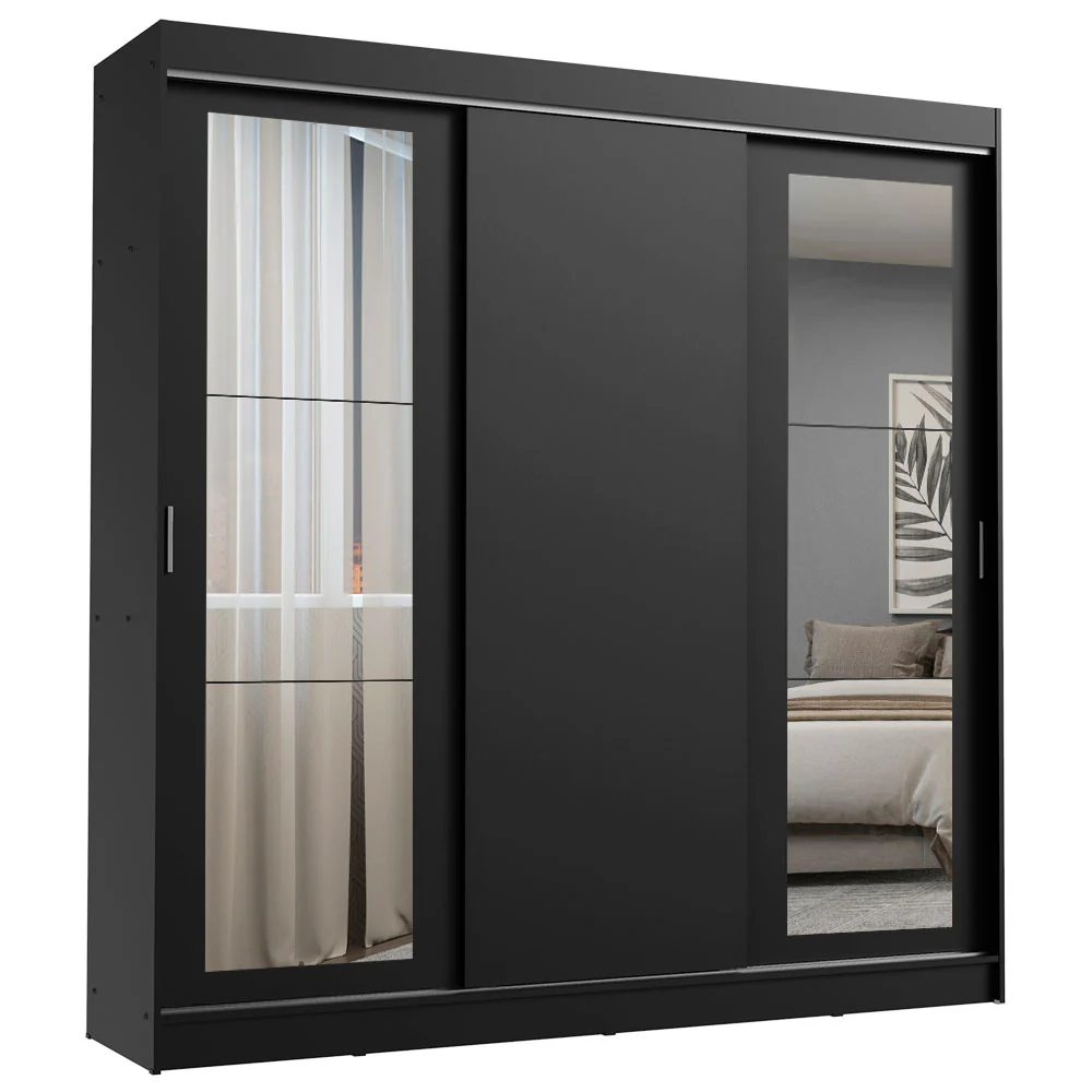 Guarda-Roupa Casal Madesa Kansas 3 Portas de Correr com Espelhos 3 Gavetas Preto - Image 2
