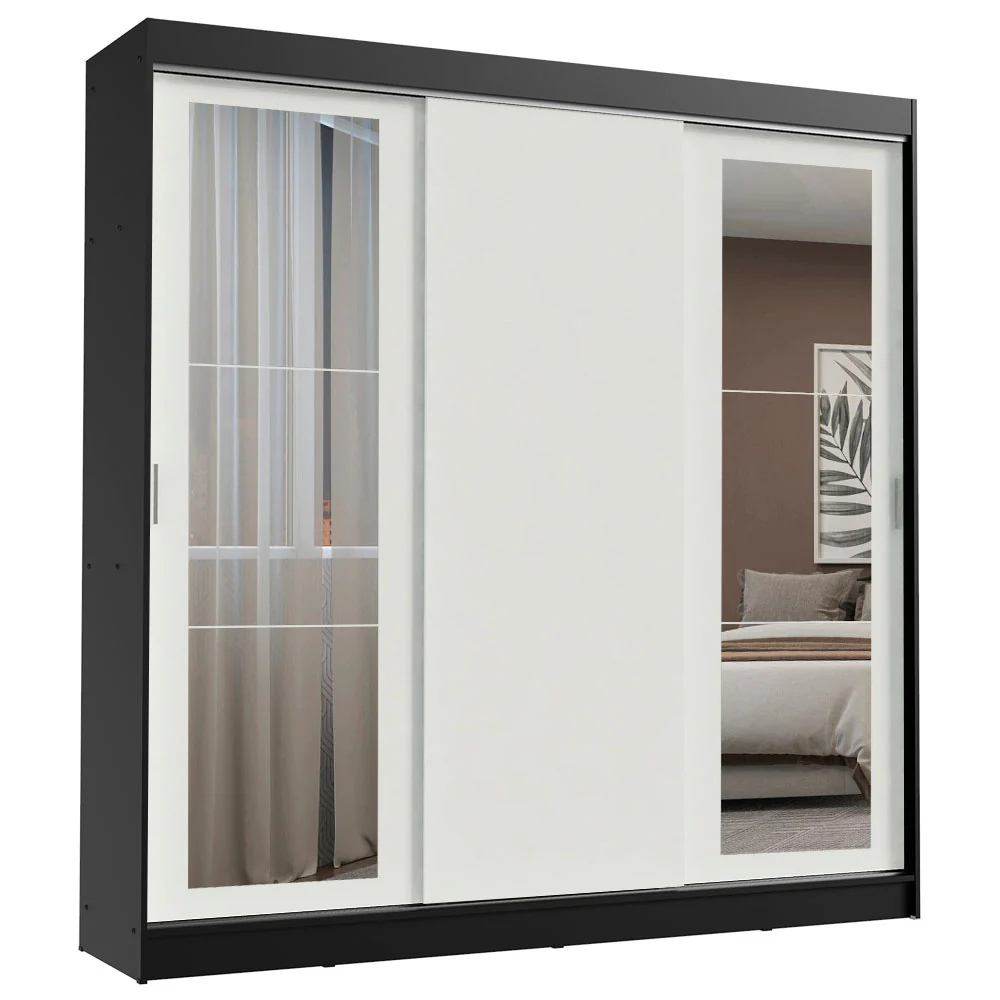 Guarda-Roupa Casal Madesa Kansas 3 Portas de Correr com Espelhos 3 Gavetas Preto/Branco - Image 2